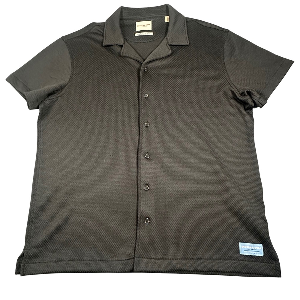 Scotch & Soda Mens Black Textured Knit Camp Collar Button Up Shirt Large 1864709